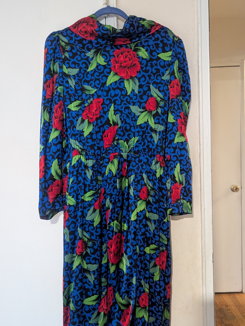 Blue Floral Long Sleeve Women's Dress with Red Roses